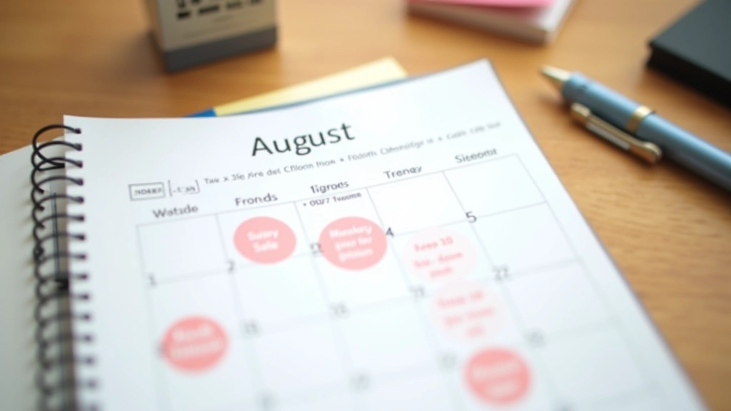 Calendar showing August marked with sale notifications and back to school promotional dates