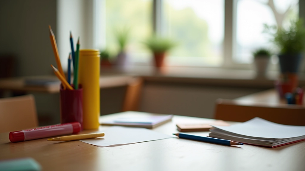 Assorted school supplies including pencils, erasers, pens, notebooks, and folders arranged in a classroom setting with natural window lighting