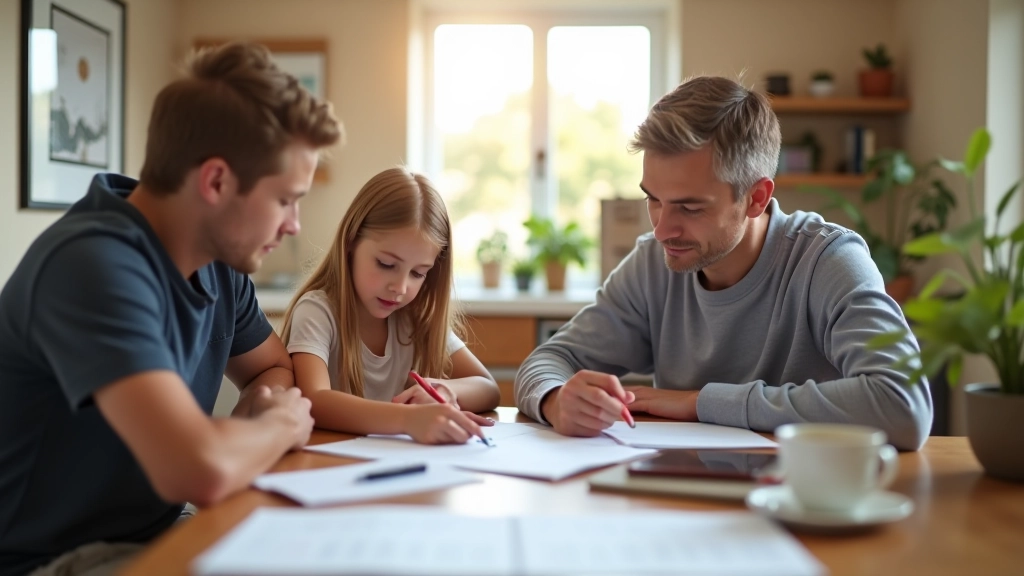 Family sitting at kitchen table working on budget planning together