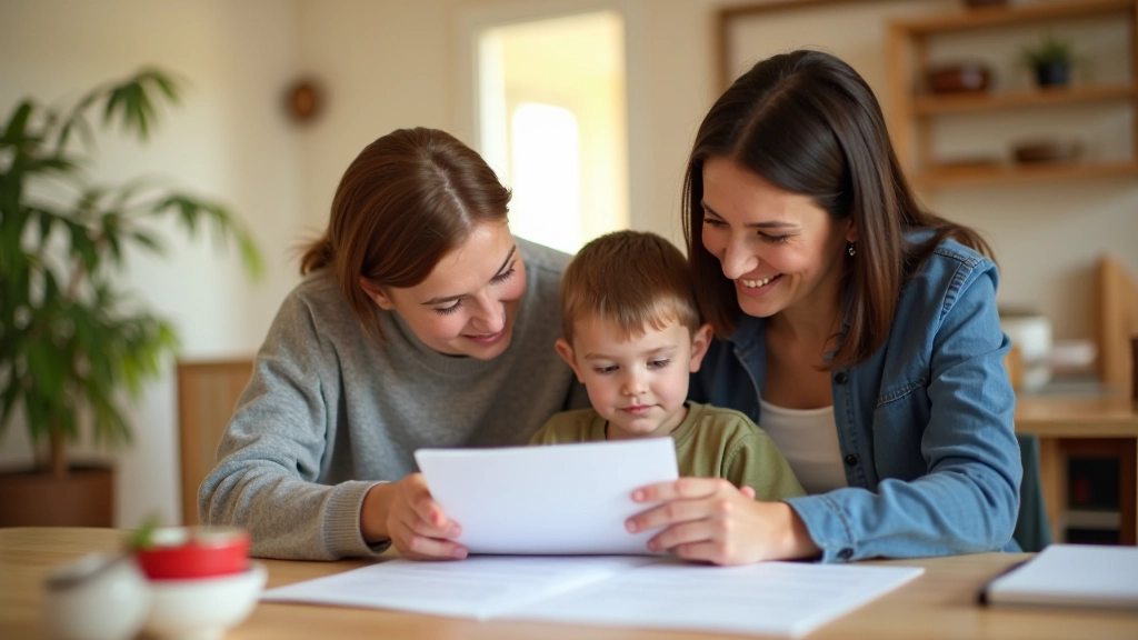 Family sitting together at table reviewing back-to-school budget plans and shopping lists