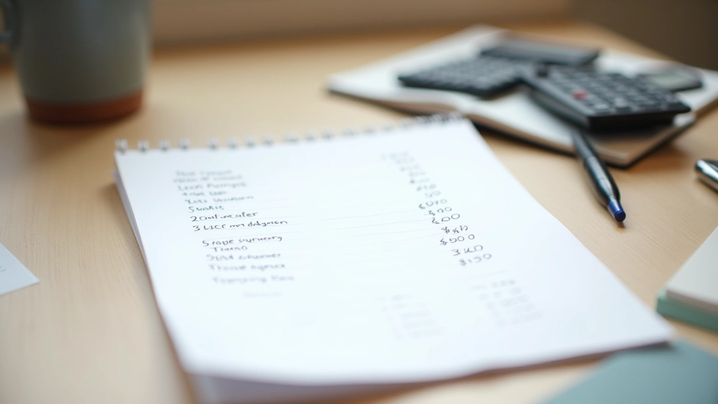 Calculator and pen on a piece of paper with handwritten budget calculations and expense tracking