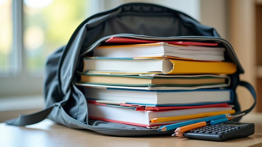 Middle school student backpack with organized compartments showing binders, textbooks, calculator, and various school materials