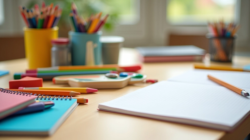 Colorful collection of elementary school supplies including pencils, erasers, notebooks, folders, and colored pencils arranged neatly on a wooden desk