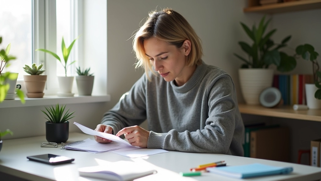 Parent reviewing previous year receipts and budget notes at home office desk with notebook and calculator