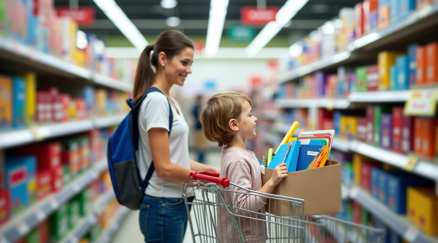 Parent and child together looking at school supply list in store