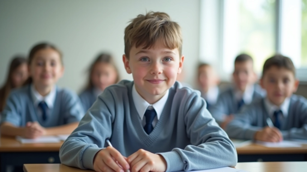 Student sitting at desk in modern classroom with organized learning materials and bright lighting